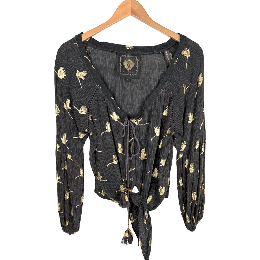 Z & L Peasant Tie Gauze Bohemian Top Golden Birds Print Coastal Party